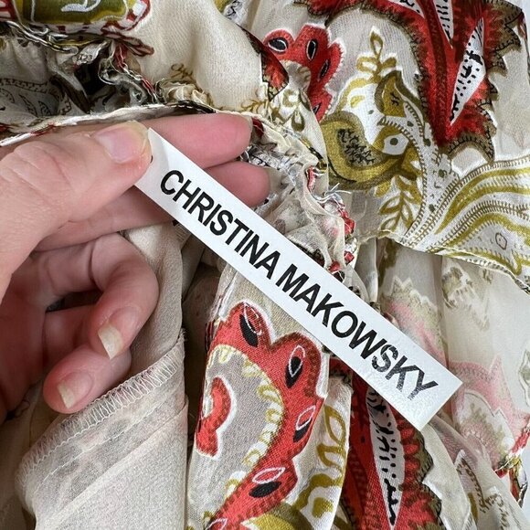 Christina Makowsky Silk Blend Paisley Tiered Midi Dress S Boho Luxe Resort $1295 - Picture 6 of 11